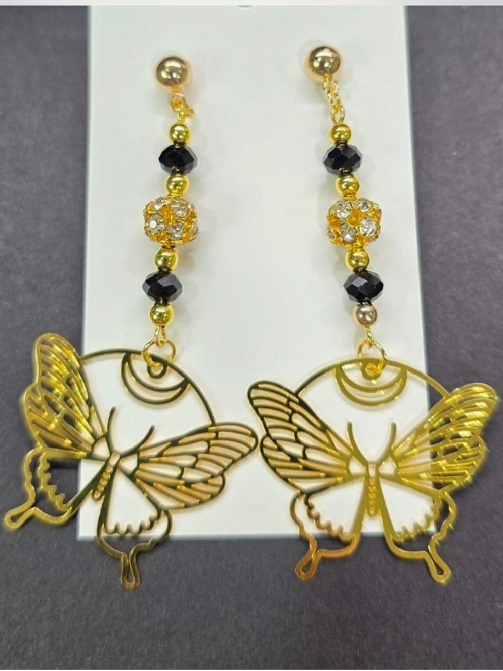 Gold Butterfly Crescent Moon Dangle Earrings with Black Beads - Women Jewelry